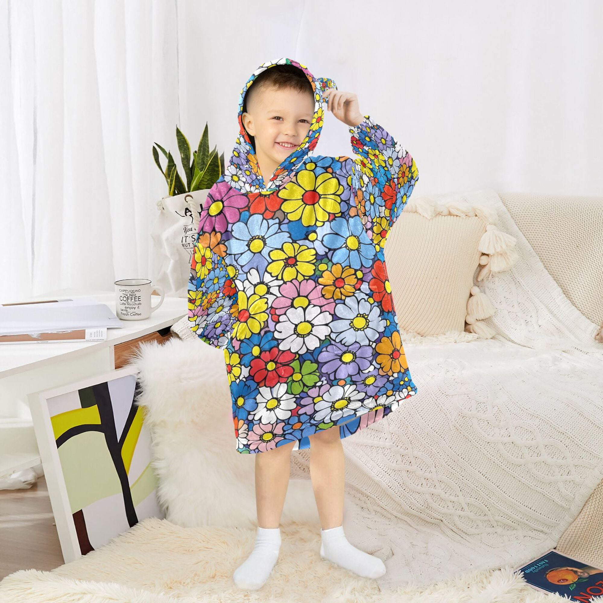 FORMRS Wearable Blanket Hoodie with Sleeves for Kids Cozy Flannel Sweatshirt, Floral Fiesta