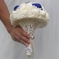 thumbnail image 2 of Advanced Customization Romantic Bride Wedding Holding Bouquet Roses with Diamond Pearl Ribbon Valentine's Day Bouquet Confession Many Colors for Choose 18cm (Ivory+Royal Blue), 2 of 5