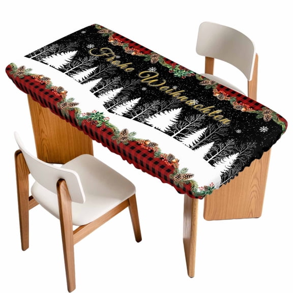 Christmas Tree Table Cloths for 5 Foot Rectangle Tables, Xmas Tree Snowflake Black Red Plaid Patio Waterproof Elastic Fitted Tablecloths, Washable Rectangular Table Cover for Camping