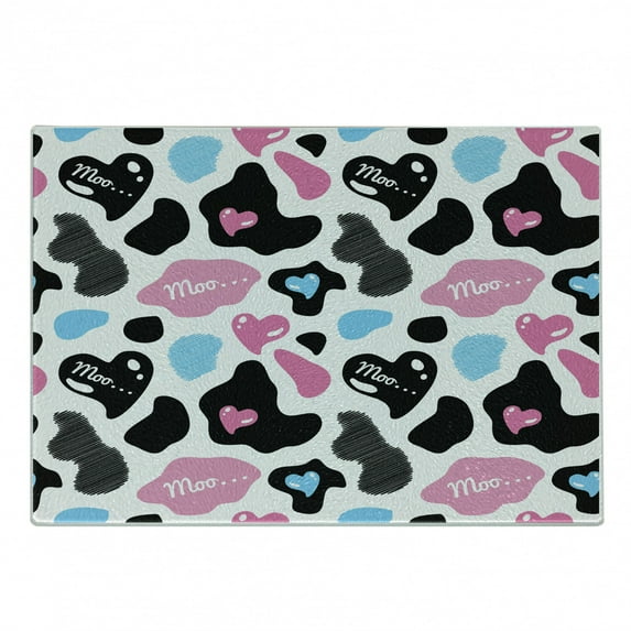 Cow Print Cutting Board, Animal Hide Hearts Moo Barnyard Love Abstract Design Farmland, Decorative Tempered Glass Cutting and Serving Board, Small Size, Pale Pink Black White, by Ambesonne