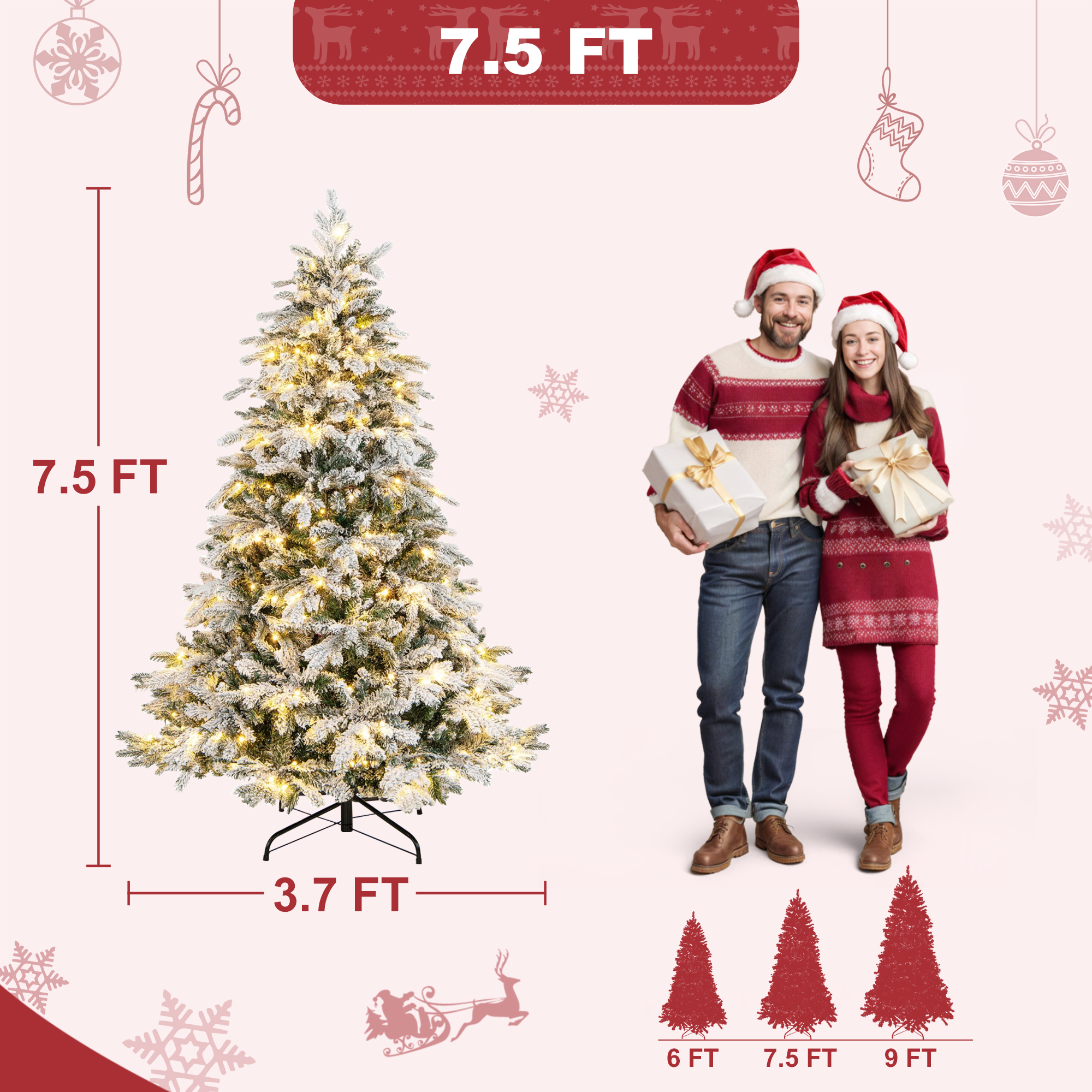 Firstness 7.5ft Pre-Lit Artificial Christmas Tree with 600 LED Lights,Snow Flocked Xmas Tree