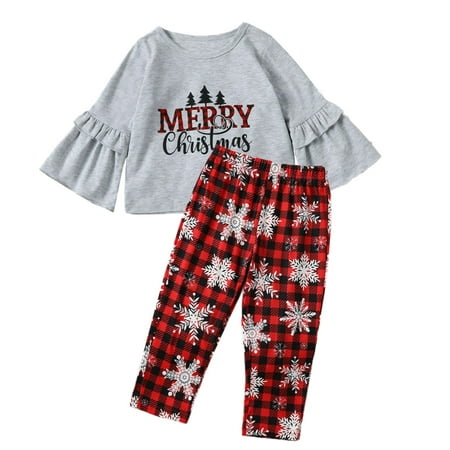 

GYRATEDREAM 1-5T Baby Girls Snowflake Plaid Christmas Outfits Flare Shirt+Legging Pants Fall Clothes