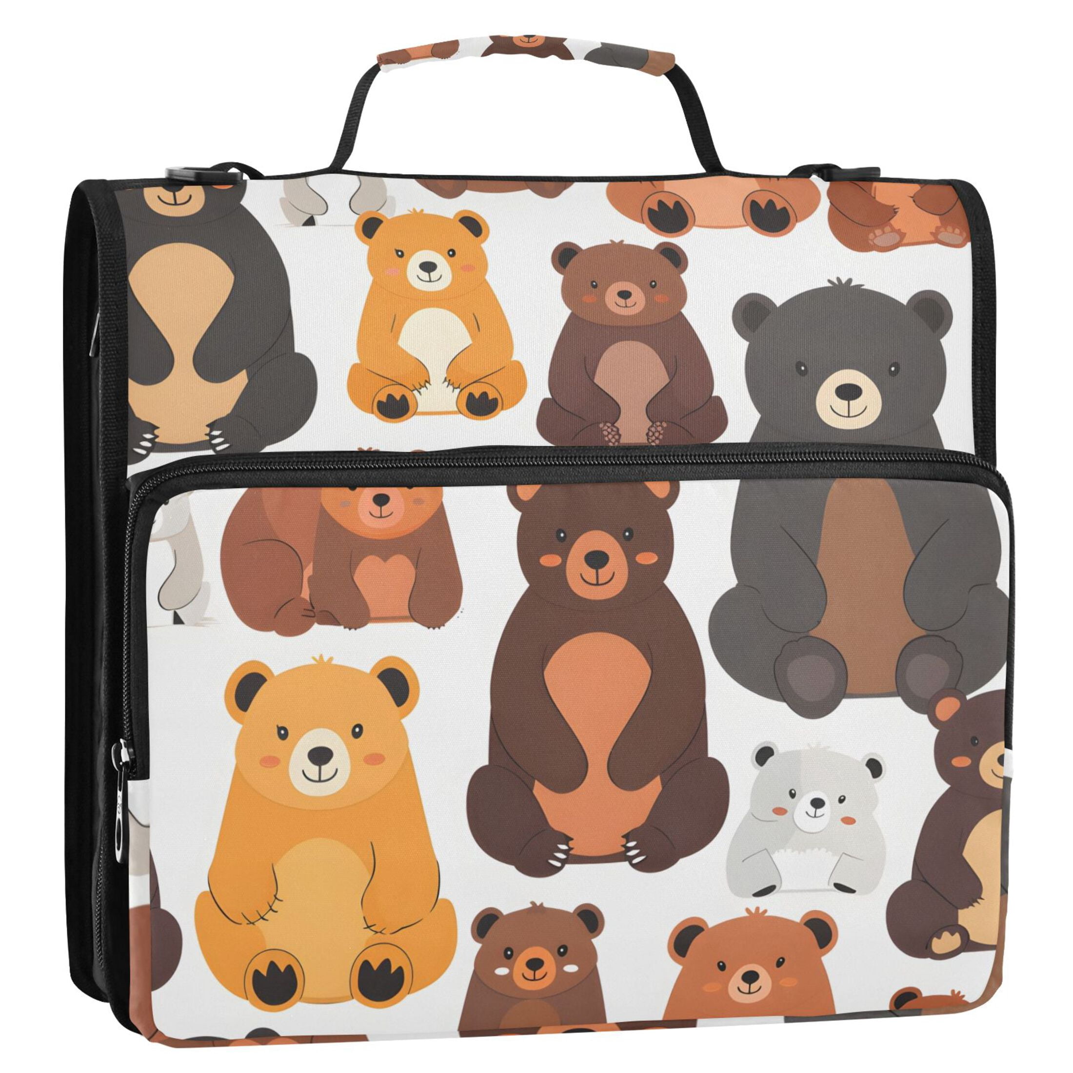 3 Ring Zipper Binder with Shoulder Strap Waterproof Trapper Keeper 2 Inch D-Ring 500 Sheets Capacity Cartoon Bears Family