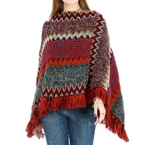 SWSMCLT Women's Boho Poncho Sweater Zig Zag Knit Winter Fall Hippie Soft Convertible Tassel Fringe Crochet Shawl Asymmetrical Cape Pullover Adult Mexican Aztec Poncho Wrap Burgundy One Size