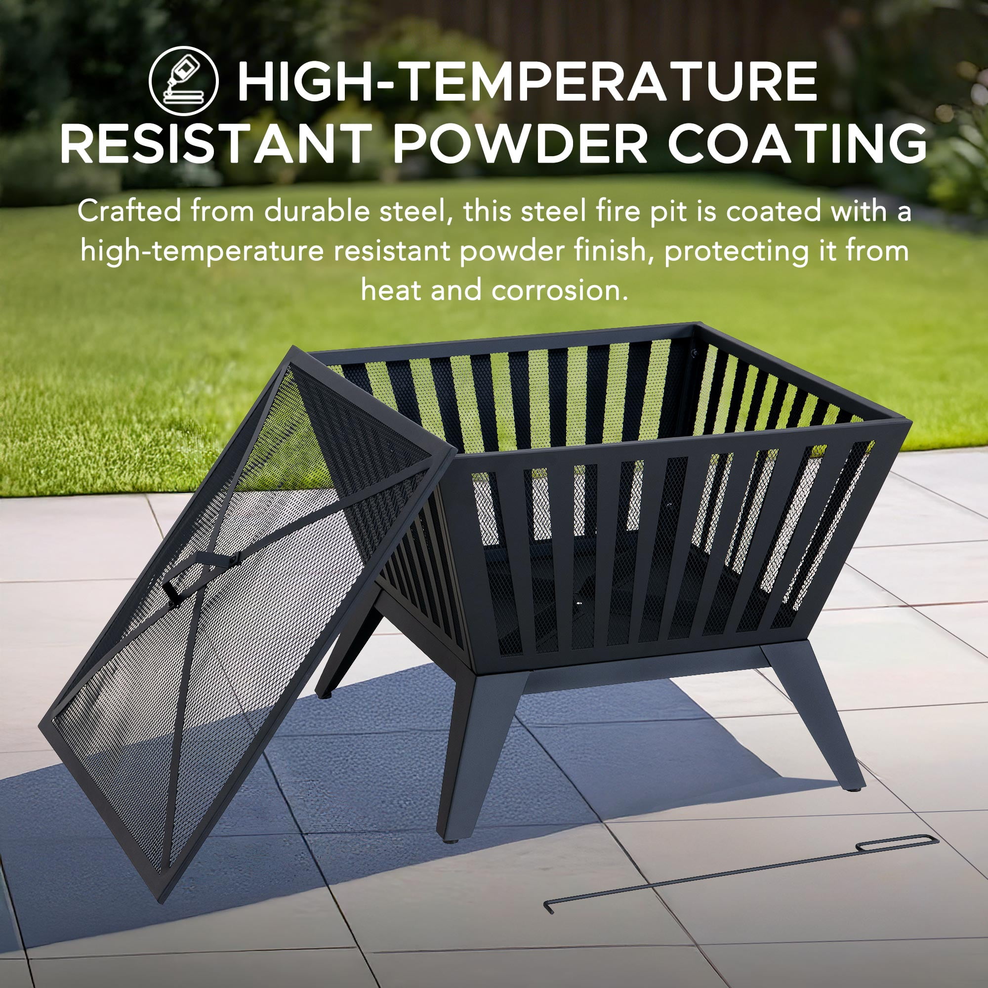 Sunjoy Firepit 28 Inch Wood Burning Fire Pit, Outdoor Black Steel Firepit with Fire Poker and Mesh cover