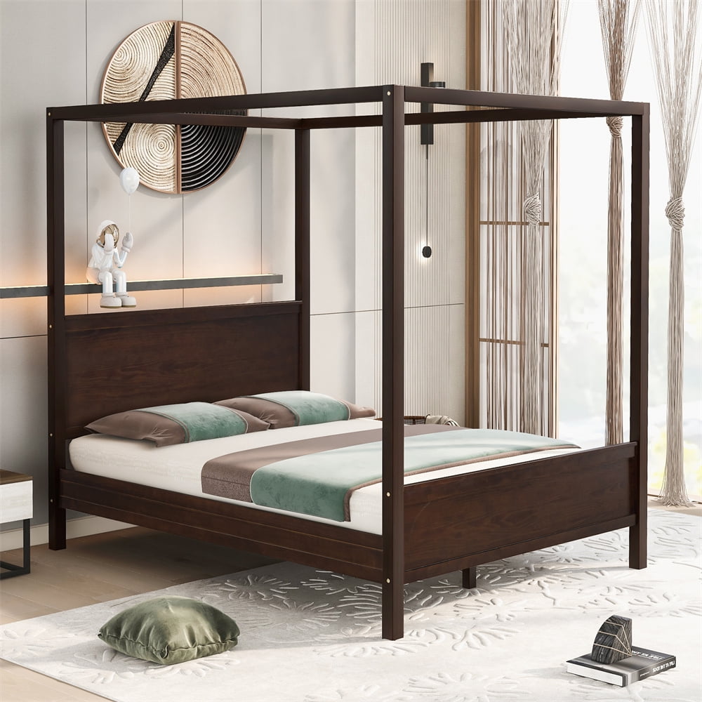 Canopy Platform Bed, Solid Wood Queen Size Canopy Platform Bed Frame