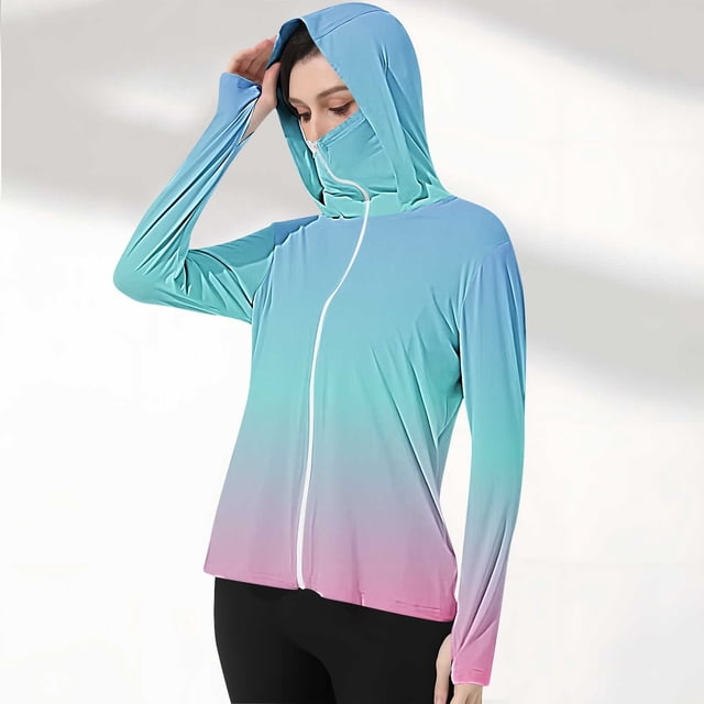 Meichang Chandails de Protection Solaire pour Femmes Veste à Capuche Dégradé Manches Longues Vêtements d'Été Plein Air Randonnée Fermeture Éclair Complète Chandails de Soleil à Capuche