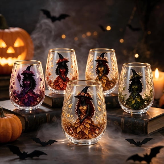 Halloween Glass Cups, Witch Glass Cup with Green Nature Witch Decorative Print, Autumn Fall Beverage Cup for Seasonal Use, Halloween Party Cup for Holiday Gatherings, Lead-Free