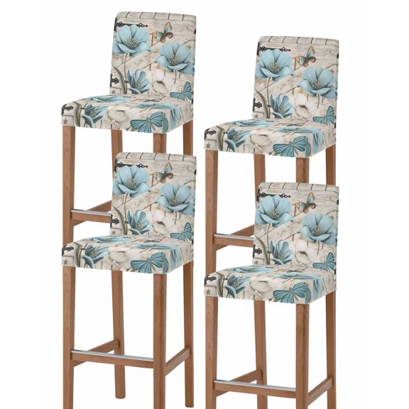 Teal Blue Tulips Bar Stool Covers Set of 4, Spring Floral Barn Doors Vintage Wood Beige Stretch Bar Chair Covers with Backs, Removable Pub Counter Height Chair Cover for Kitchen Dining Room Cafe