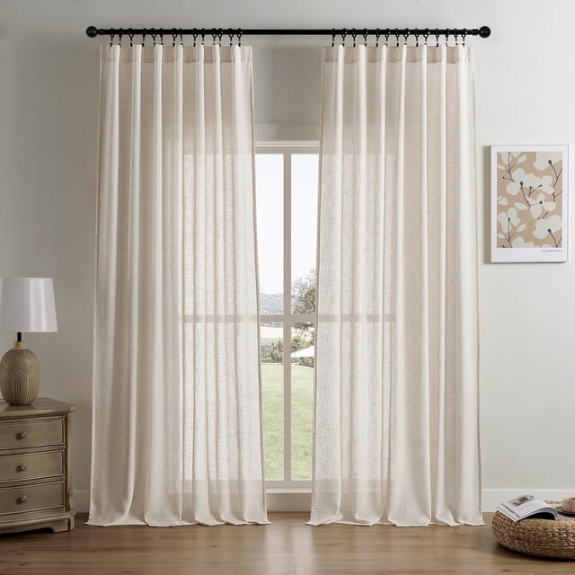 Joydeco Cortinas de lino de 89.8 in de largo, 2 paneles, juego de cortinas filtrantes de luz para dormitorio, sala de estar, color beige, 70 pulgadas de ancho, cortinas filtrantes de luz con bolsillos