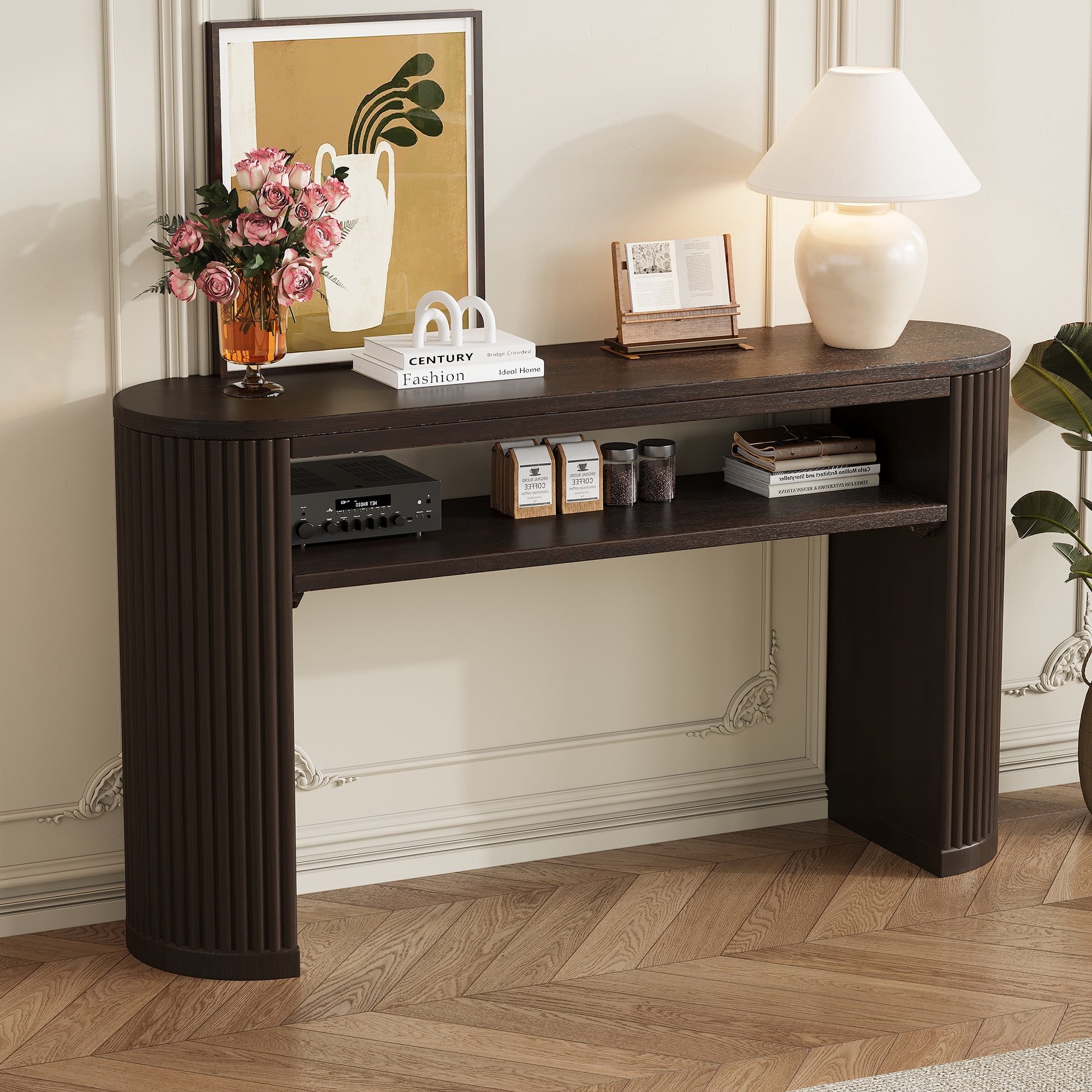 Euroco 53" Fluted Console Table, Modern Entryway Table with Open Storage Shelf & Wood Legs, Long Sofa Table Behind Couch for Living Room, Hallway,Espresso