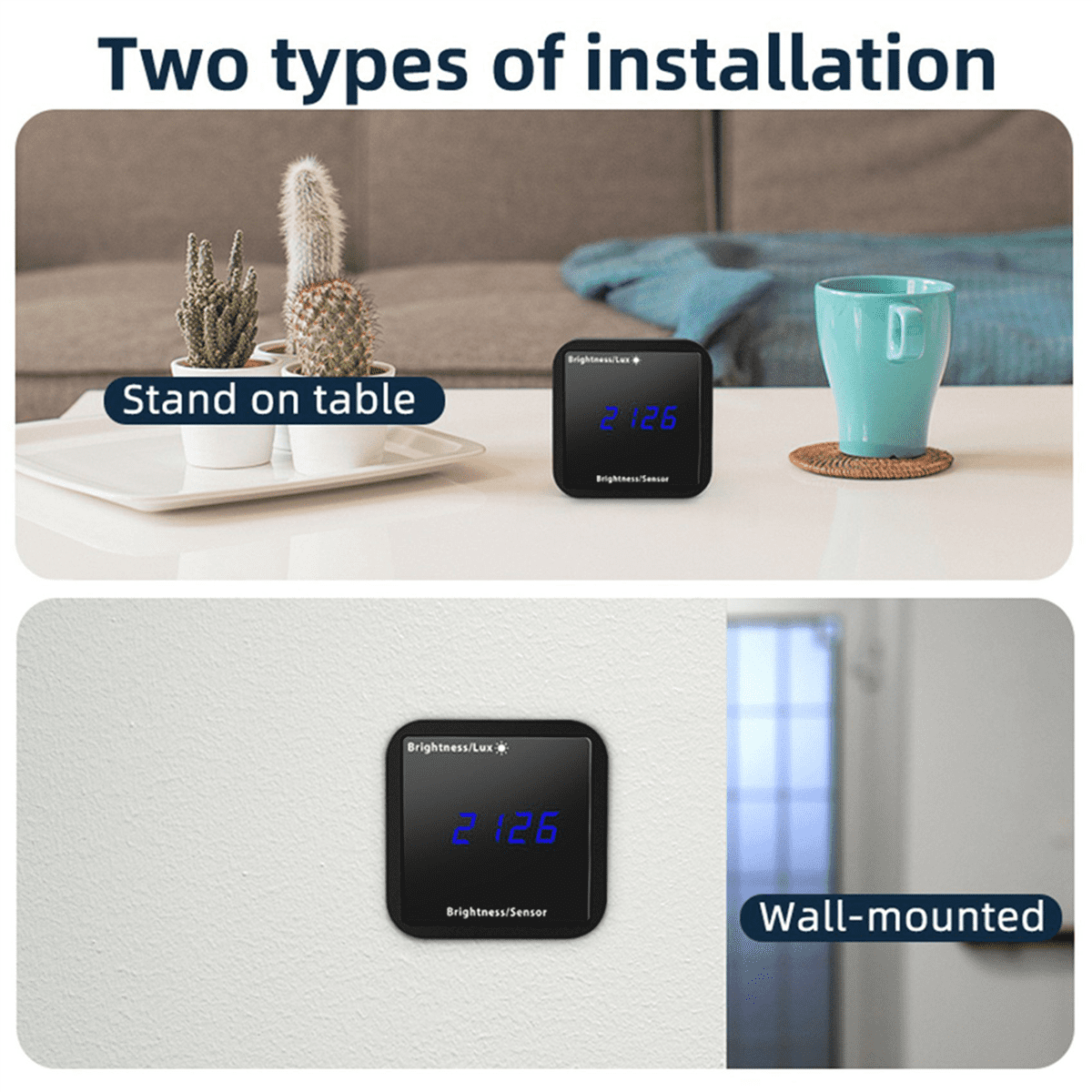 2X Tuya ZigBee Light Sensor Brightness Detector with Temperature Humidity Detection Display Smart Home Security Linkage,2 x Brightness Detector,Black