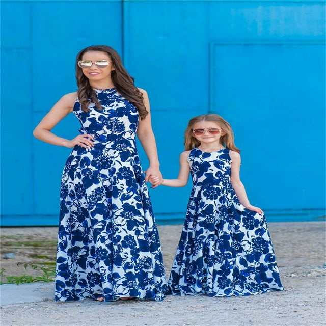 Robe d'Été Mère-Fille Sans Manches Imprimé Bleu Robe Longue Taille Haute Grand Swing Parent-Enfant