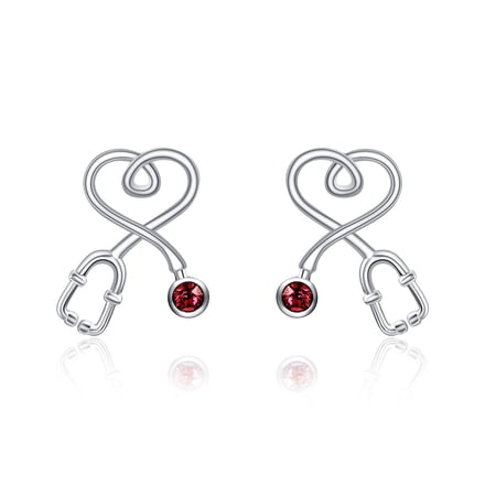 Stethoscope Earrings 925 Sterling Silver Heart Studs Earrings 12 Months Birthstone Crystals from Austria, Graduation Jewelry Gifts for Nurse Doctor RN Medical Student