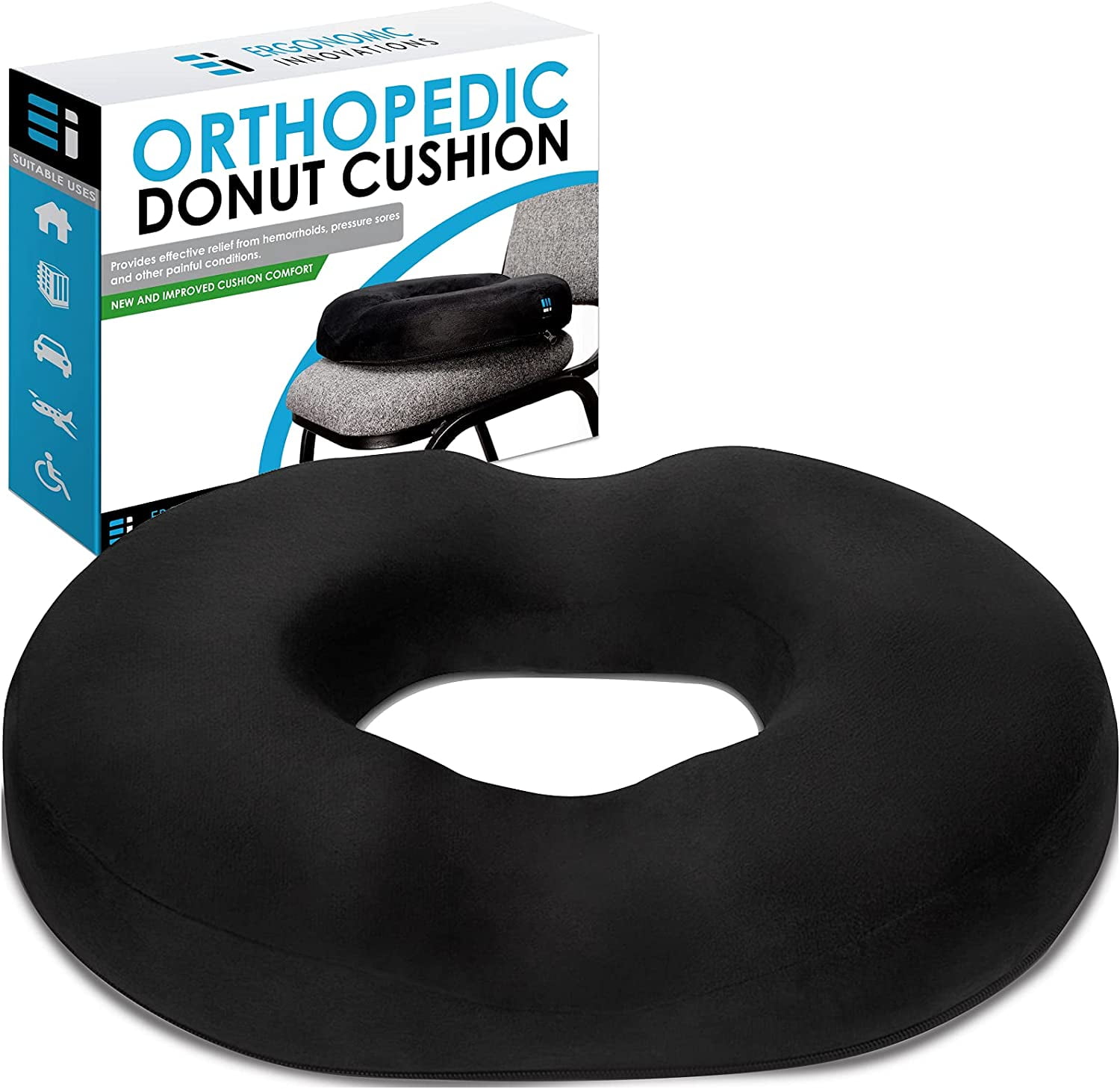 Emoobin Donut Pillow Hemorrhoid Tailbone Cushion Sciatica,18 Inches Black Post Natal Bed Sores Orthopedic Pain Relief Pillow for Pregnancy Coccyx