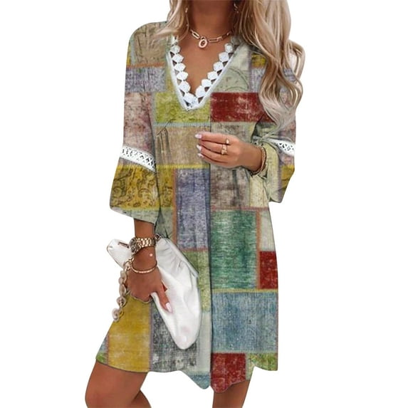 Liacowi Boho Dress for Women Lace Trim V Neck Tunic Dress Summer 3/4 Long Sleeve Floral Print Swing Beach Dress Plus Size S-3XL