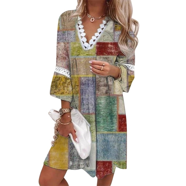Txlixc Vestido de cuello V suelto para mujeres, falda de playa de encaje de manga larga Bohemia 3/4 Txlixc moda