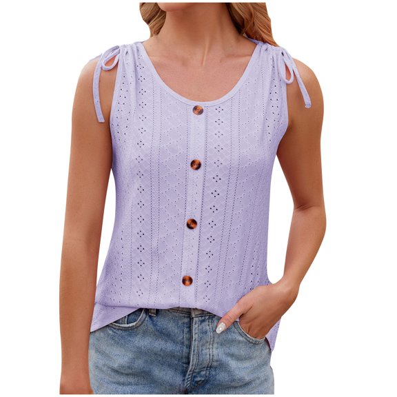 Wlynlyn Summer Tops For Women Loose Fitted Tank Top Eyelet Dressy Casual Blouses Crewneck Sleeveless Shirts XL