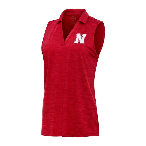 Women's Antigua Heather Scarlet Nebraska Huskers Layout Sleeveless V-Neck Polo