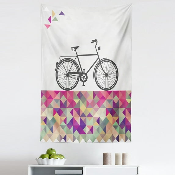 Vintage Tapestry, Vintage Style Bike over Multicolor Diamond Shaped Backdrop Triangles Hipster, Fabric Wall Hanging Decor for Bedroom Living Room Dorm, 5 Sizes, Multicolor, by Ambesonne