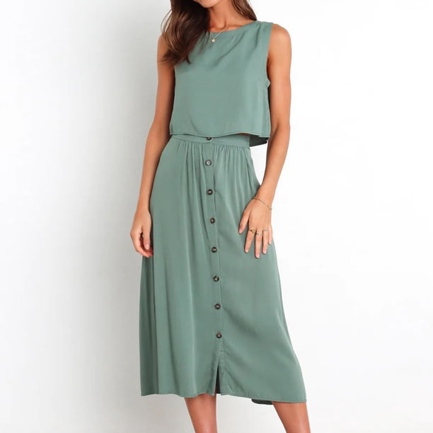 Conjunto de blusas cortas y falda midi para mujer Traje de viaje diario de color sólido suelto informal Hugtrwg Para estrenar