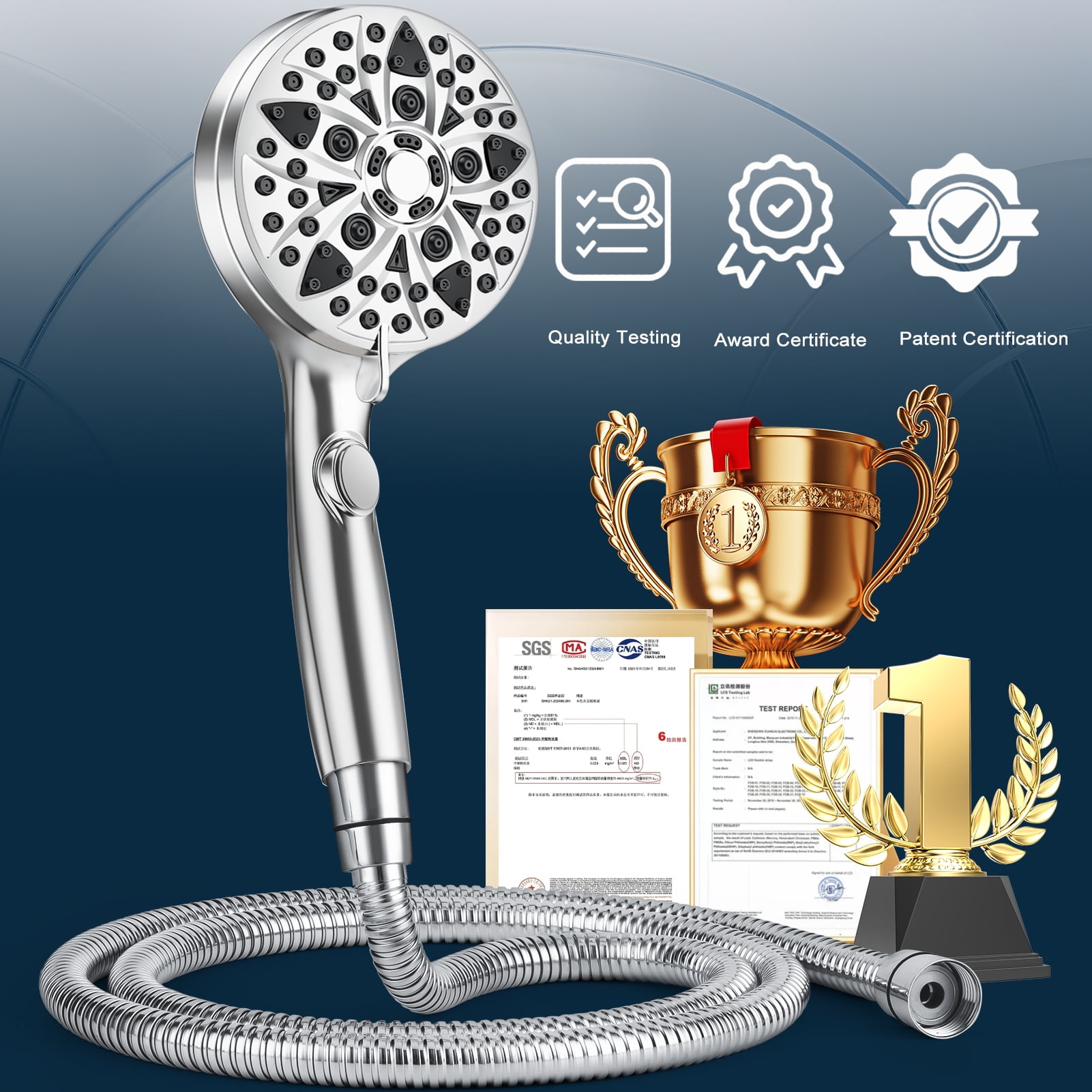 High Pressure Handheld Shower Head, 4.8" Large Panel Rain Shower Head with 9 Spray Modes, One-Touch Pause Button, Long Hose and Adjustable Bracket for Bathroom Cleaning and Pet Bath