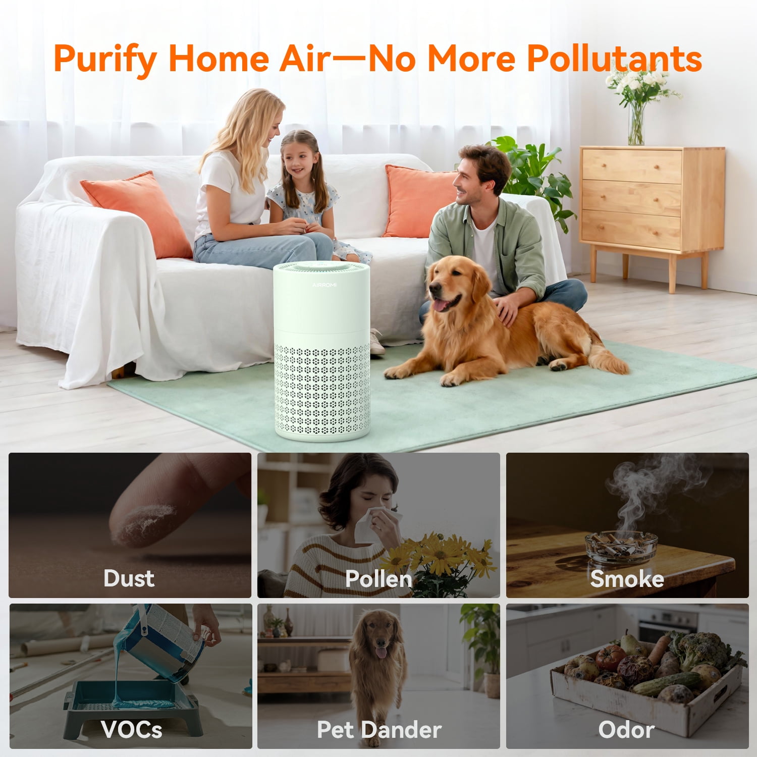 AIRROMI Air Purifier for Home Bedroom Covers 990 Ft² - Hepa 3-in-1 Filter, with Aromatherapy, Night Light & Timer, Remove Smoke, Pet Dander, Odor, Dust,A2001 Green