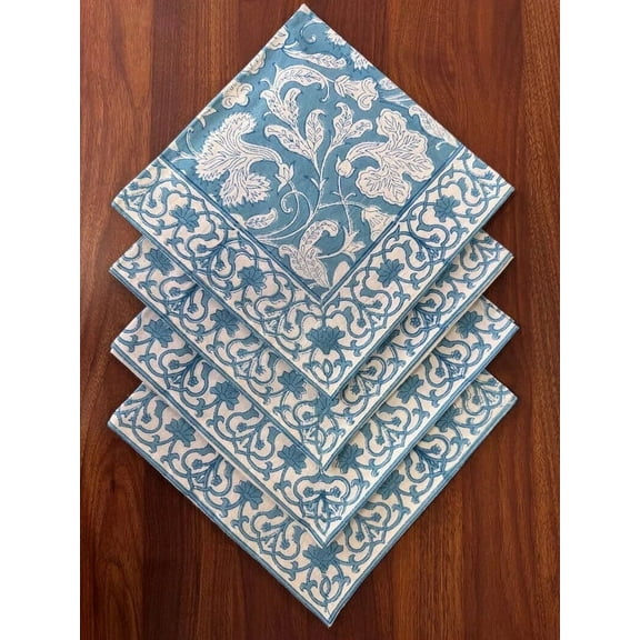 New Era Creation Turkish and Magic Blue Indian Floral Hand Block Printed Cotton Cloth Napkins Size 20x20" Wedding Events Home Party, Mother's Day Gifts