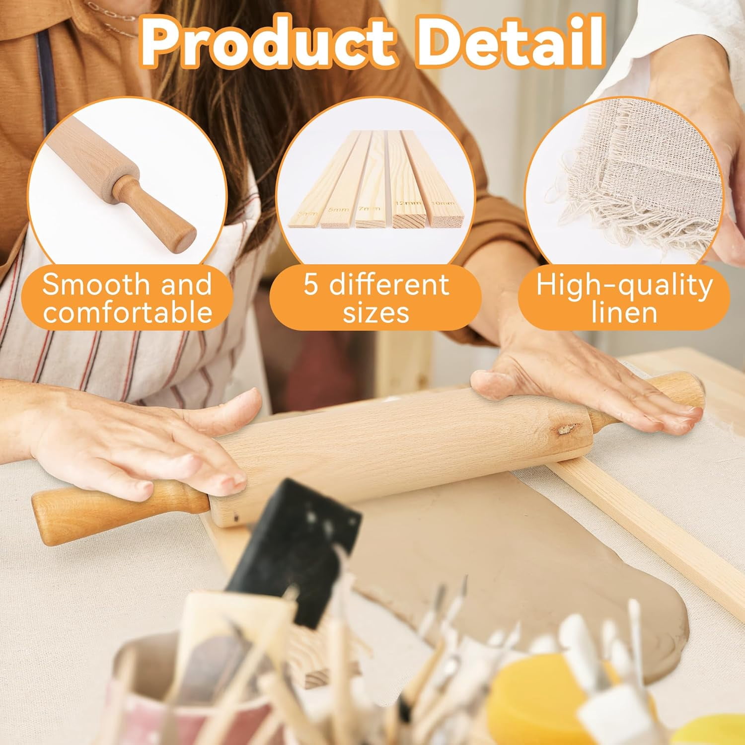 20Pcs Pottery Tools Kit for Adults, with 1 Wooden Rolling Pin, 10 Pottery Rolling Mud Sticks, 8 Clay Sculpting Tools and 1 Premium Linen for Ceramic, Polymer Clay & Beginners