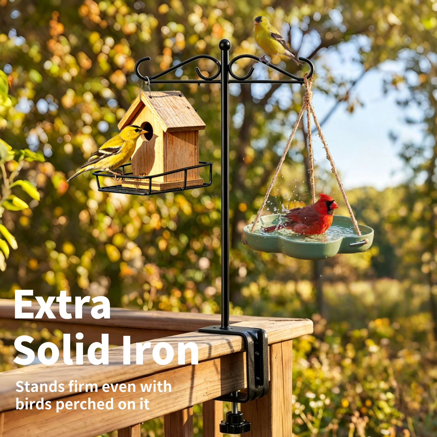 27.5" Shepherds Hooks for Outdoor, Heavy Duty Double Hook Bird Feeder Pole with Railing Mount, Rust-Resistant Garden Hanging Stand for Bird Feeders, Lanterns & Plants