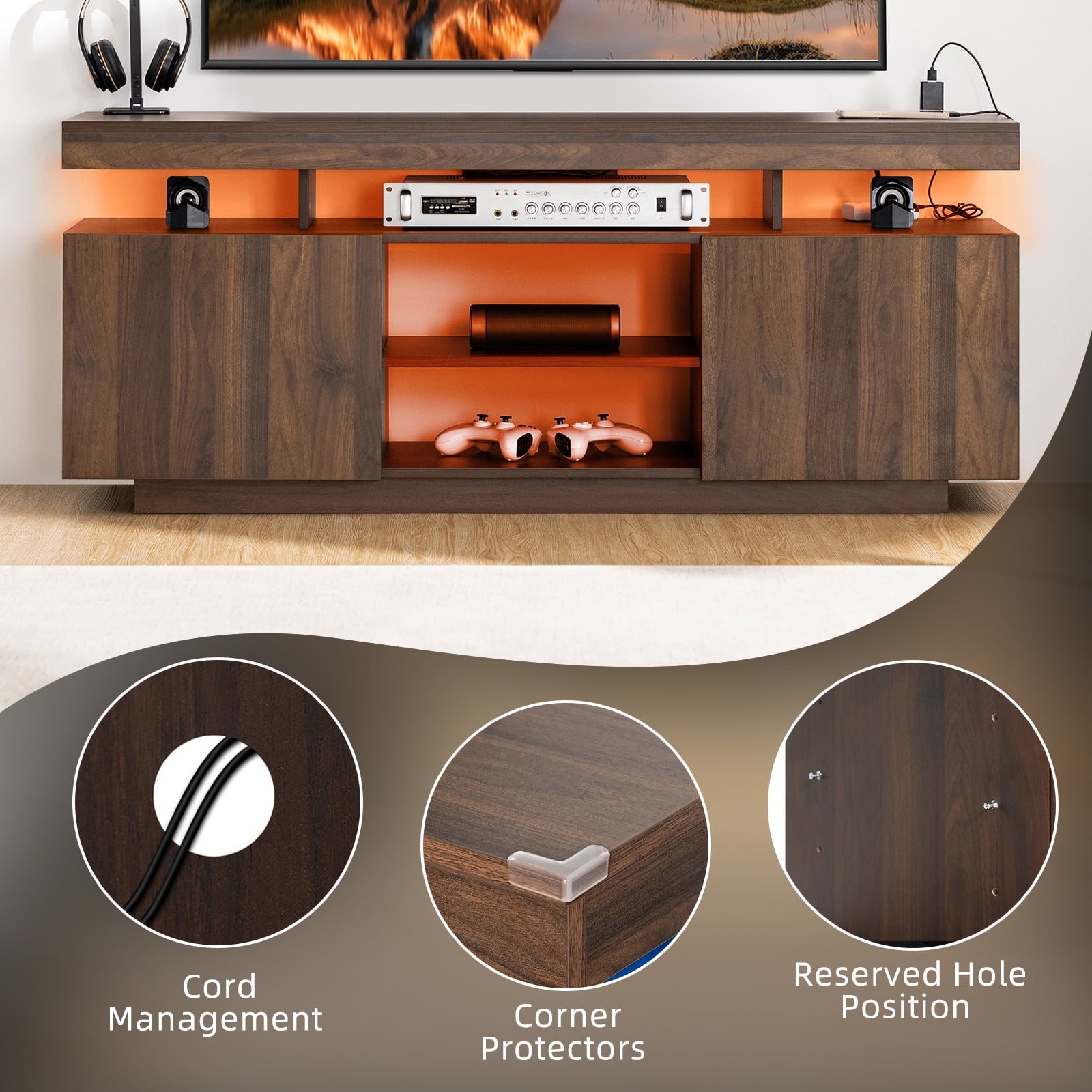 TV Stand with LED Lights for TVs up to 55 Inch TV Console Storage Cabinet Entertainment Center