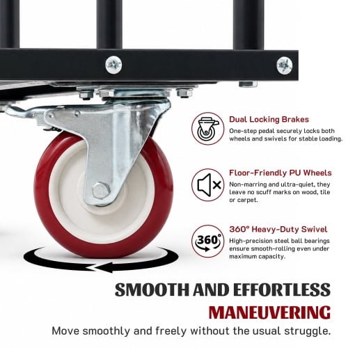 1000LBS Heavy Duty 2-in-1 Table Dolly, Adjustable Furniture Mover Cart with Multi-Slot & Flatbed Modes, 360° Swivel PU Wheels, Dual Brakes – For Drywall, Plywood, Equipment