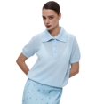 thumbnail image 3 of Women Short Sleeve Sweater Large Lapel Neck Knitted Tops Casual Sweater Shirt Loose Pullover Sweater Blue S, 3 of 10