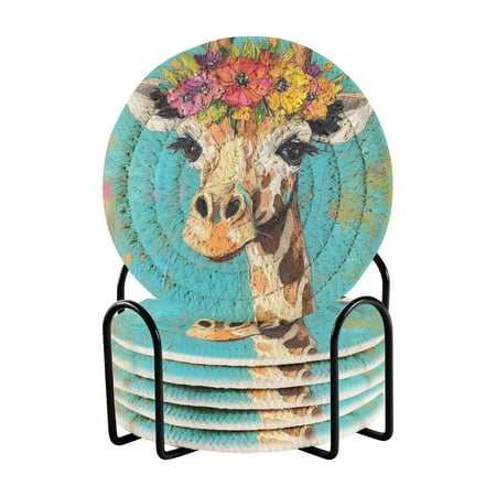 

6-Pack Polyester Coil Coasters with Holder - Heat-Resistant (140℃) Non-Slip & Durable，A Giraffe with Flower