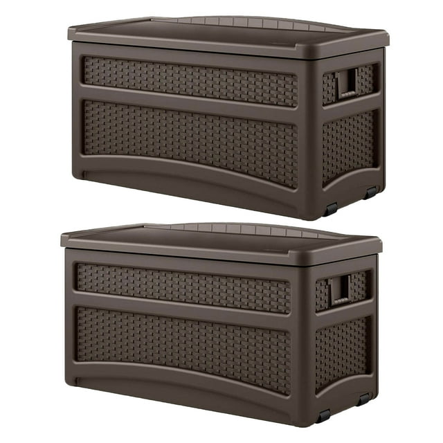 Suncast Coffre de Rangement de Patio Extérieur de 73 Gallons avec Poignées et Siège, Java (Lot de 2)