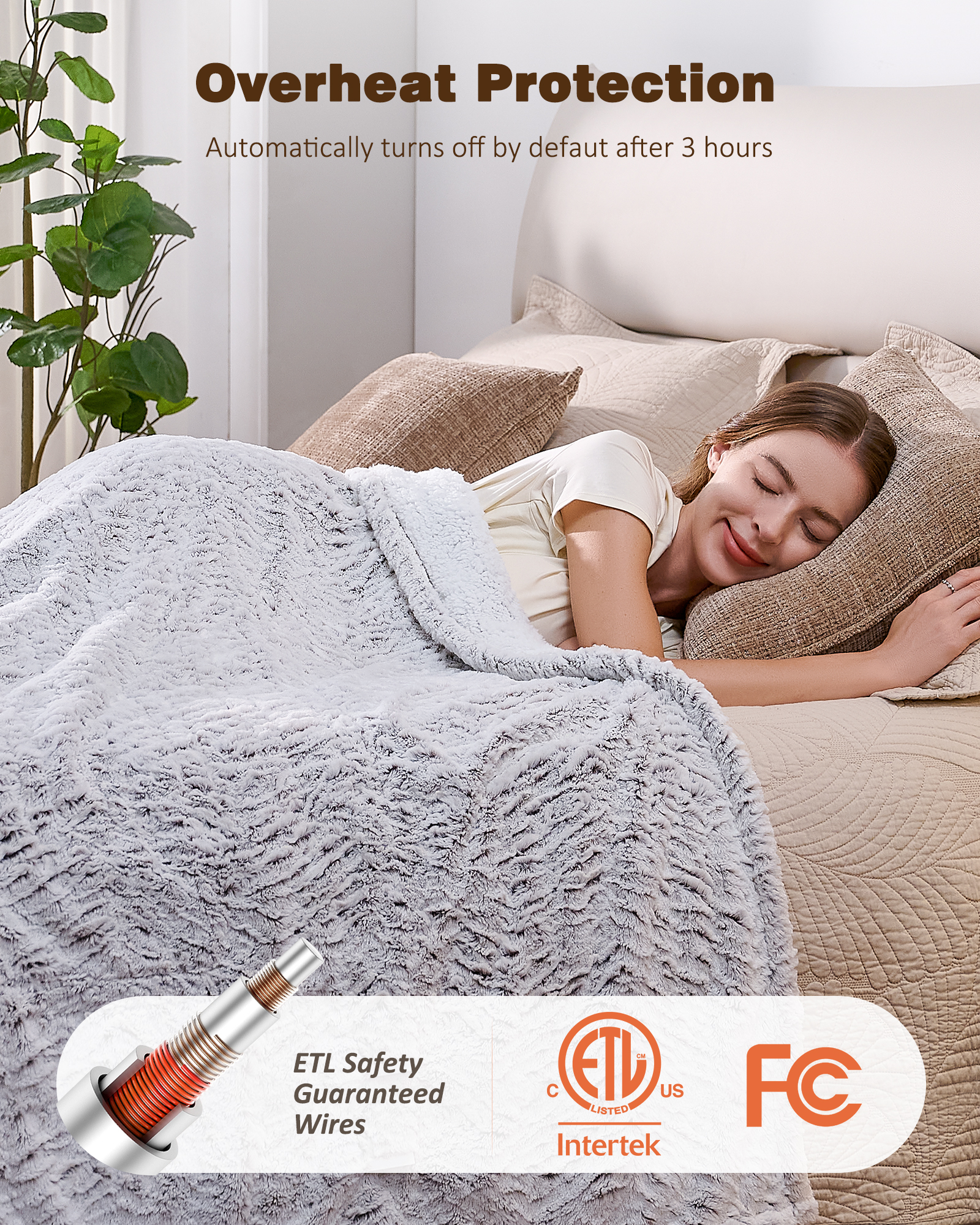 Ocuuziisu 62" × 84" Twin Size Electric Heated Blanket — 9 Heat Levels, 1–10H Timer, Fast Even Warming Electric Blanket, Machine Washable — Brushed White