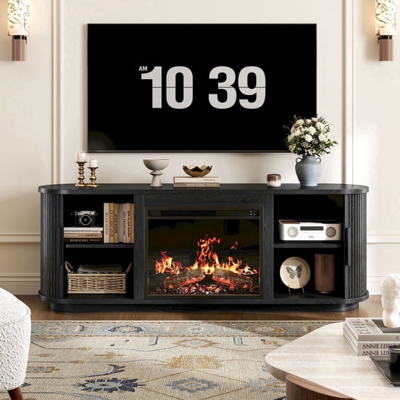 LSKTGA 67" TV Stand with Electric Fireplace, Curved Entertainment Center with Sliding Doors, Fluted TV Stand, Media Console Table for TV up to 70" For Living Room