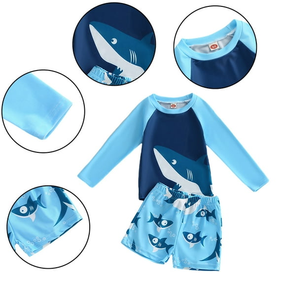 LYMAYTER 2PCS Sets Baby Kids Boys Cartoon Bathing Suit Summer Long Sleeve Swimsuits Tops and Shorts Outfit Toddler Sun Protection Swimwear for 2-7 Years