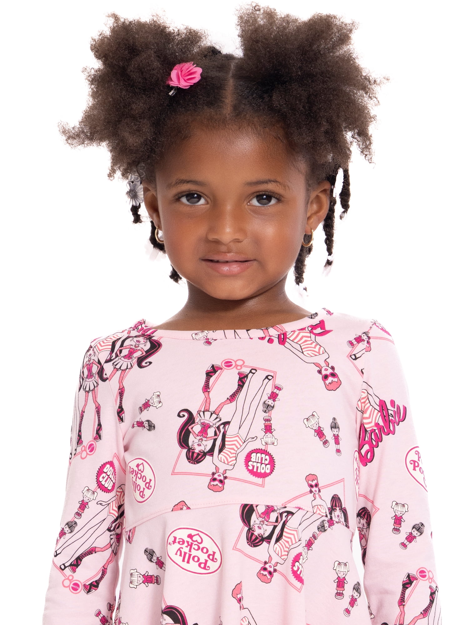 Barbie and Polly Pocket Toddler Girls' Print Dress with Long Sleeves, Sizes 12M-5T