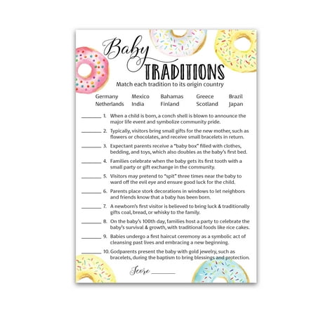 DONUT Baby Shower Games — BABY TRADITIONS around the World Game — Pack of 25/Fun Baby Facts Doughnut Theme Baby Shower Activity Trivia Girl or Boy Gender Neutral Pink or Blue Couples Shower G850-BTW