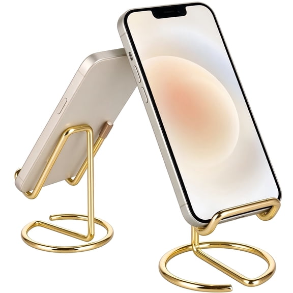 Cute Gold Metal Cell Phone Stand 2 Pack, Universal Cell Phone Holder Desk, Desk Accessories Compatible with iPhone, Android Phones & Small iPad