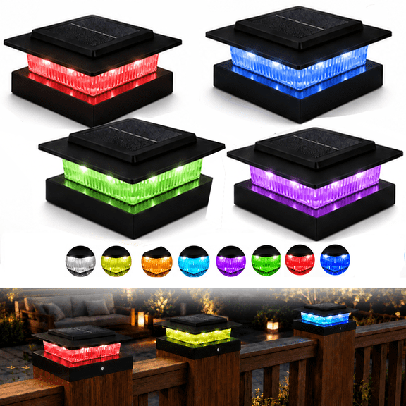 TEIPUERY 4 pack Solar LED Post Cap Lights for 4x4 Fence and Deck Posts, 8 RGB Modes, Black