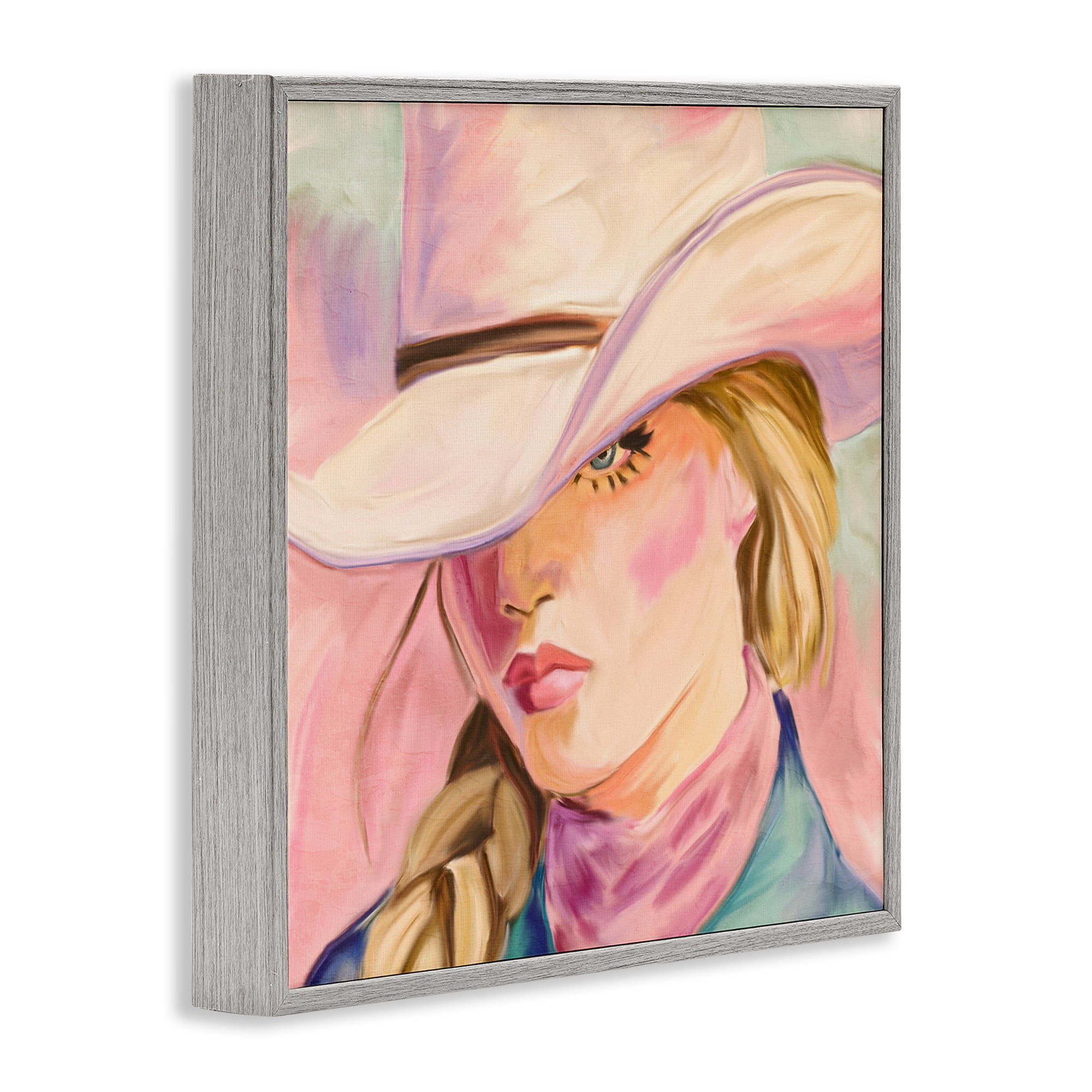Pastel Cowgirl Gaze Beneath Hat Gray Framed Giclee Art, design by Kim Allen