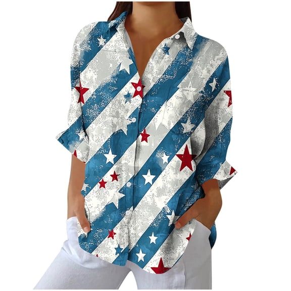 Cavosen Funny T Shirts for women Long Sleeve Lapel Trendy Patriotic Tee 250 Years Red White and Blue Button Down Graphic Shirt Summer Basic Tops