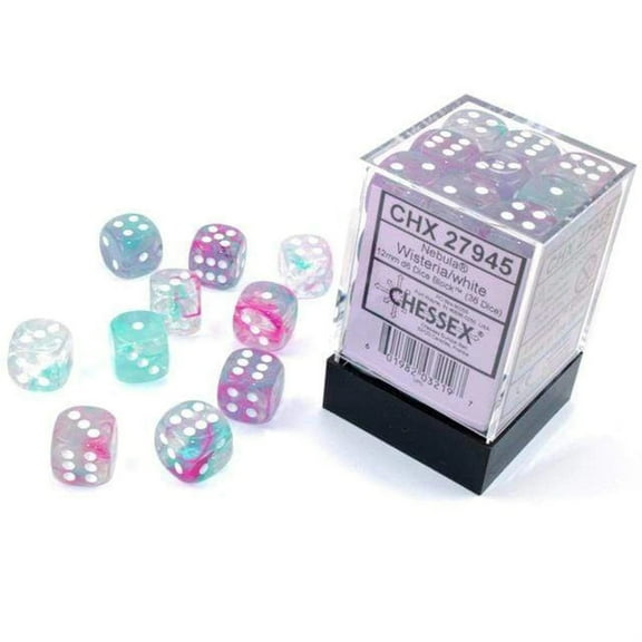 Chessex Nebula 12mm d6 Wisteria/White w/Luminary Dice Block (36 dice)