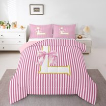 Homewish Kawaii Princess Style Bedding Comforter Set for Teen, Kawaii Initial L Letter Twin Comforter Sets, Pink Stripes Line Reversible Bedding Set, Luxury Bedroom Decor, 2-Piece