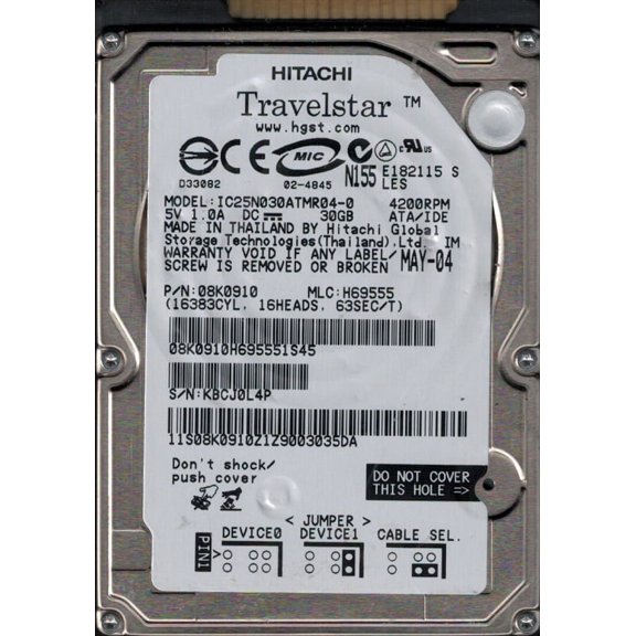 IC25N030ATMR04-0 P/N: 08K0910 MLC: H69555 Thailand Hitachi 30GB
