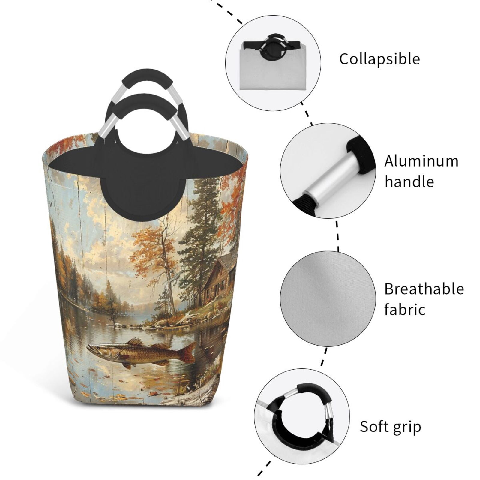 Hunting Cabin Fish Leaf Fishing Vintage Laundry Bag with Handle - Foldable Dirty Clothes Hamper Collapsible Storage Bin