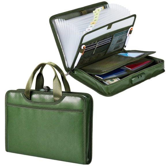 Fireproof Document Bag with Lock Portable Durable File Organizer with Handle Multi Pocket Accordion Folder for Office Home Travel Green Black