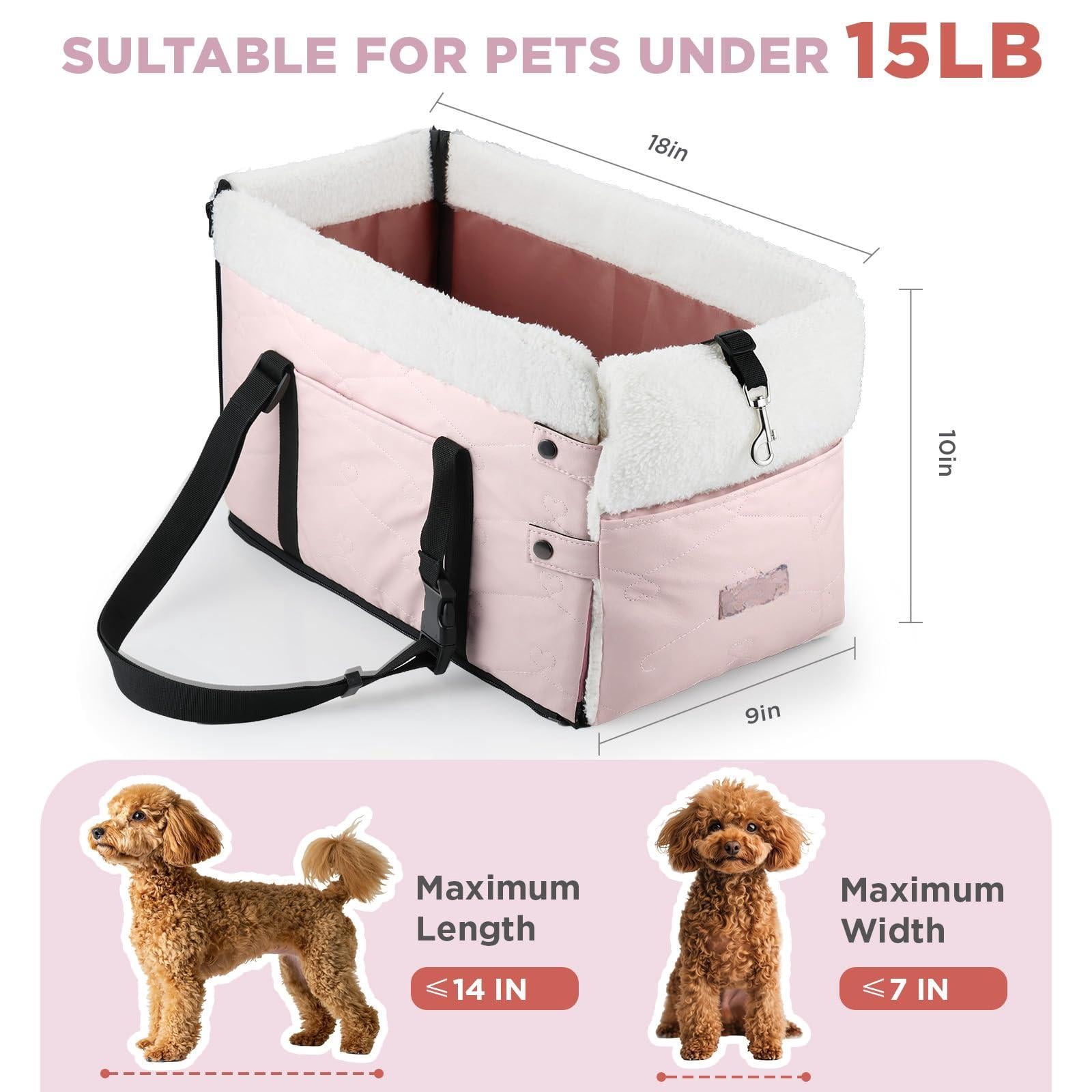 Center Console Dog Car Seat For Small Dogs Pu Leather Booster Washable Foldable With Safe Protection Hooks Adjustable Straps And Storage Pocket Pet Up To 15lbs-pink